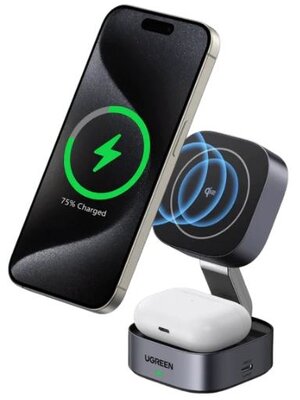UGREEN töltőállomás, vezeték nélküli töltés, 2 az 1-ben, 15W, összecsukható, szürke (Tápegység nélkül)