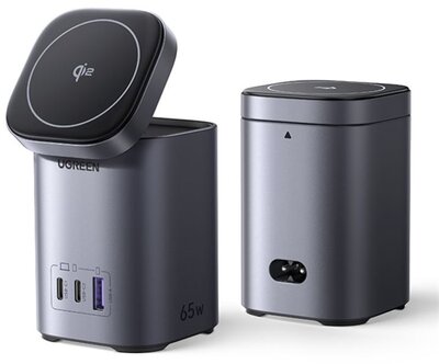 UGREEN asztali hálózati töltő, mágneses, vezeték nélküli töltés, 65W, 4 az 1-ben, 2x USB-C, 1x USB-A, GaN, szürke