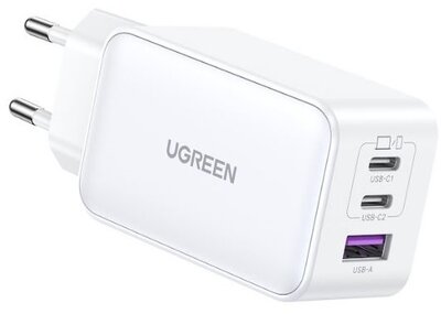 UGREEN Nexode hálózati töltő, 65W, 3 Port, PD 3.0, GaN, 2x USB-C, 1x USB-A, fehér