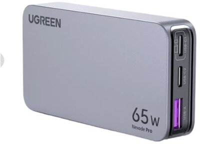 UGREEN Nexode hálózati töltő, travel adapter, ultra slim, vékony, 65W, 3 port, GaN, 2x USB-C, 1x USB-A, UK/EU, szürke