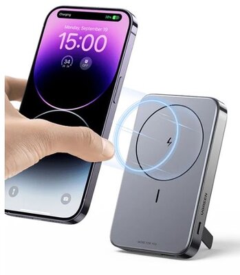 UGREEN Power Bank hordozható töltő, mágneses, vezeték nélküli töltés, 10000mAh, 20W, összecsukható állvánnyal, szürke
