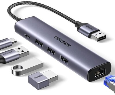 UGREEN HUB USB 3.0, 3x USB-A. 1x USB-C, Ethernet 1Gbit/s, szürke