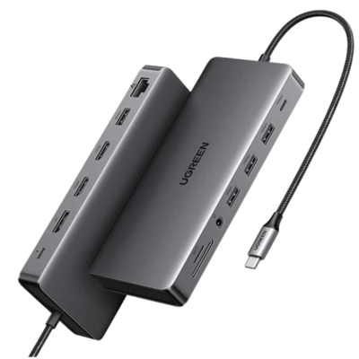 UGREEN Dokkoló állomás 13 az 1-ben, Triple Display, 4K@60Hz, USB HUB, HDMI, DP, 3x USB-A, USB-C, SD/TF, Jack, szürke