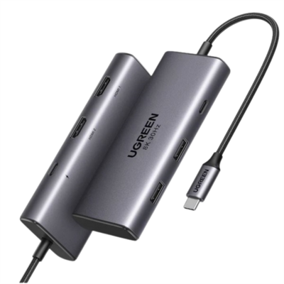UGREEN Dokkoló állomás 6 az 1-ben, 8K@30Hz, Dual Monitor, USB HUB, Dual HDMI 2.0 és 2.1, 2x USB-A, USB-C, 100W, szürke