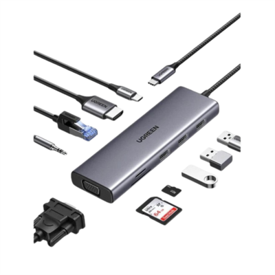 UGREEN Dokkoló állomás 10 az 1-ben, 4K@30Hz, USB HUB, Ethernet, HDMI 1.4, VGA, 100W, SD/TF, 3,5mm Jack, szürke