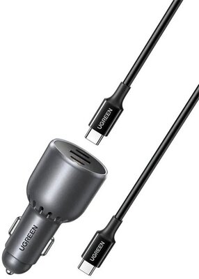 UGREEN Szivargyújtós autós gyorstöltő, 3 port, 2x USB-C, 1x USB-A, PD, 130W, szürke