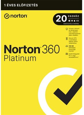 Norton 360 Platinum - 21428034 - 100GB HU 1 felhasználó, 20 eszköz/1 év, elektronikus licenc