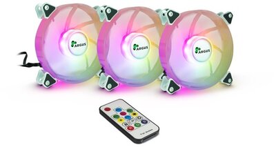 ARGUS Gamer hűtő ventilátor szett, 4 tűs, 120mm, RGB, PWM, távirányítóval - 3 darabos kiszerelés, fehér