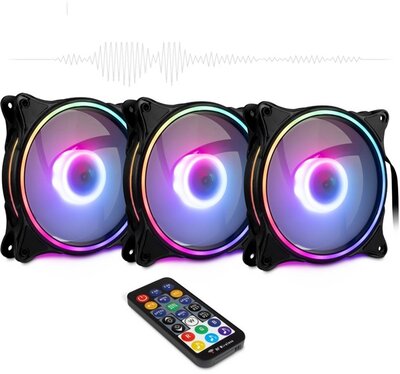 ARGUS Gamer hűtő ventilátor szett, 3 tűs, 120mm, RGB, távirányítóval, Hangkövetéssel - 3 darabos kiszerelés, fekete