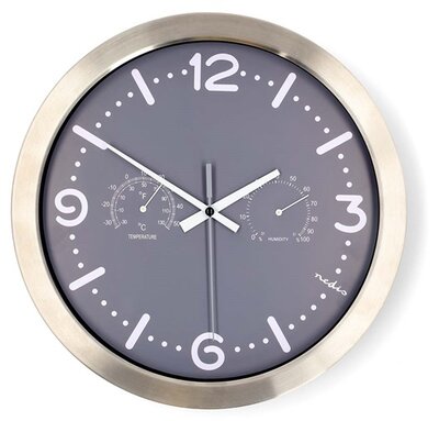 Nedis CLWA5226SS falióra, 30 cm átmérő, rozsdamentes acél, csendes szerkezet: óra, hőmérő, páratartamom mérő