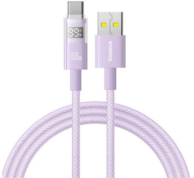 BASEUS DISPLAY II adatkábel (USB - Type-C, 100W, gyorstöltő, cipőfűző, LED kijelző, 100cm) LILA