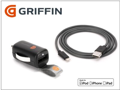 Apple iPhone 5/5S/5C/iPad 4/iPad Mini szivargyújtós töltő + lightning adatkábel (Apple MFI engedélyes) - 5V/2,4A - Griffin PowerJolt