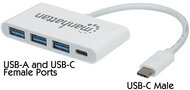 Manhattan USB HUB - Type-C-ről 3db USB 3.0-ra+ 1 db USB Type-C, Power Delivery, Fehér