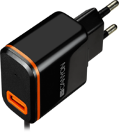 CANYON CNE-CHA042BO Universal 1xUSB AC charger (in wall) with over-voltage protection, plus Type C USB connector, Input 100V-240V, Output 5V-2.1A, with Smart IC, black (orange stripe)​, cable length 1m