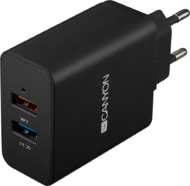 CANYON CNE-CHA07B Universal 2xUSB AC charger (in wall) with over-voltage protection(1 USB with Quick Charger QC3.0), Input 100V-240V, Output USB/5V-2.4A+QC3.0/5V-2.4A&9V-2A&12V-1.5A, with Smart IC, Black rubber coating+QC3.0 port in blue/other port in ora