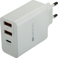 CANYON CNE-CHA08W Universal 3xUSB AC charger (in wall) with over-voltage protection(1 USB-C with PD Quick Charger), Input 100V-240V, OutputUSB-A/5V-2.4A+USB-C/PD30W, with Smart IC, White Glossy Color+ orange plastic part of USB, 96.8*52.48*28.5mm, 0.092kg