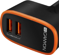 CANYON CNE-CHA02B Universal 2xUSB AC charger (in wall) with over-voltage protection, Input 100V-240V, Output 5V-2.1A , with Smart IC, black rubber coating with orange stripe, 64*56*34.6mm, 0.041kg