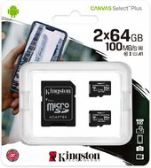 Kingston 2x64GB Canvas Select Plus MicroSDXC 100R A1 CL10 + Adapter /SDCS2/64GB-2P1A/