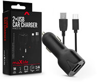 Maxlife 2xUSB szivargyújtó töltő adapter 1 m-es Type-C vezetékkel - Maxlife MXCC-01 Type-C 2xUSB Car Fast Charger - 5V/2,4A - fekete
