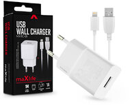 Maxlife USB hálózati töltő adapter + lightning adatkábel 1 m-es vezetékkel - Maxlife MXTC-01 USB Wall Charger - 5V/1A - fehér