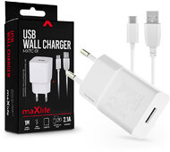 Maxlife USB hálózati töltő adapter + USB Type-C adatkábel 1 m-es vezetékkel - Maxlife MXTC-01 USB Wall Charger - 5V/2,1A - fehér