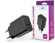 Setty hálózati töltő adapter Type-C + USB bemenettel - 20W - Setty USB/USB-C Wall Charger PD3.0  - fekete