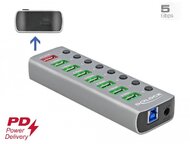 Delock USB 3.2 Gen 1 hub 7 porttal valamint 1 gyorstöltő porttal és 1 USB-C PD 3.0 porttal kapcsoló