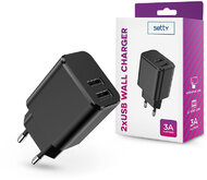 Setty 2xUSB hálózati töltő adapter - Setty USB Wall Charger - 5V/3A - fekete