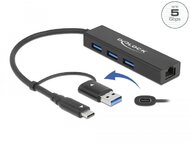 Delock 3 Port USB 3.2 Gen 1 Hub + Gigabit LAN USB Type-C vagy A-típusú USB konnektorral