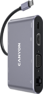 Canyon CNS-TDS14 8 in 1 USB C hub, with 1*HDMI: 4K*30Hz, 1*VGA, 1*Type-C PD charging port, Max 100W PD input. 3*USB3.0,transfer speed up to 5Gbps. 1*Glgabit Ethernet, 1*3.5mm audio jack, cable 15cm, Aluminum alloy housing Dark grey