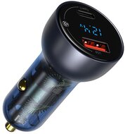 BASEUS autós töltő USB aljzat / Type-C aljzat (5V / 3000mA, 65W, PD gyorstöltés támogatás, LED kijelző) SZÜRKE
