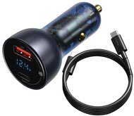 BASEUS autós töltő USB aljzat / Type-C aljzat (5V / 3000mA, 65W, PD gyorstöltés, LED kijelző + Type-C kábel) EZÜST
