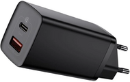 BASEUS GaN2 hálózati töltő USB aljzat / Type-C aljzat (5V / 3000mA, 65W, QC 3.0, PD gyorstöltés támogatás) FEKETE