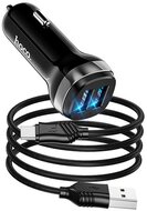 HOCO Z40 autós töltő 2 USB aljzat (5V / 2400mA, gyorstöltés támogatás, LED jelzés + Type-C kábel) FEKETE