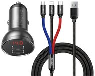 BASEUS autós töltő 2 USB aljzat (5V / 4800mA, 24W + kábel 3in1 USB - lightning 8pin / microUSB / Type-C, 120cm) SZÜRKE