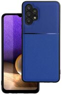 Samsung Galaxy A32 Műanyag telefonvédő (szilikon keret, közepesen ütésálló, beépített fémlemez, bőr hatású hátlap, csíkos minta) SÖTÉTKÉK
