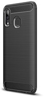 Samsung Galaxy A40 Szilikon telefonvédő (közepesen ütésálló, légpárnás sarok, szálcsiszolt, karbon minta) FEKETE