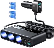 JOYROOM autós töltő 5 USB / 3 szivartöltő / Type-C aljzat (154W, gyorstöltés támogatás, 100cm, LED jelző) FEKETE