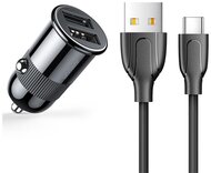 JOYROOM autós töltő 2 USB aljzat (5V / 3100mA, PD gyorstöltés támogatás, túlmelegedés védelem + Type-C kábel) FEKETE