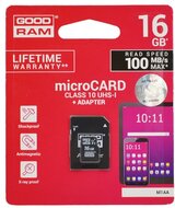 GOODRAM MEMÓRIAKÁRTYA TransFlash 16GB (microSDHC - Class 10, UHS-1m, M1AA-0160R11 utódja) + SD adapter