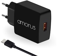 AMORUS K6 hálózati töltő USB aljzat (5V / 3000mA, PD gyorstöltés támogatás + Type-C kábel) FEKETE