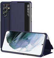 Samsung Galaxy S22 Ultra 5G Tok álló, bőr hatású (FLIP, oldalra nyíló, asztali tartó funkció, hívószámkijelzés, View Window) VILÁGOSKÉK