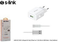 S-Link Telefon töltő - AND-EC14B (1db USB, 5V/1.3A, 5W, Micro USB 100cm adat+töltőkábel, fehér)