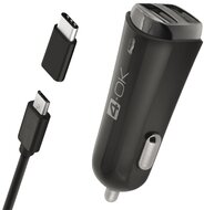 4-OK autós töltő 2 USB aljzat (5V / 3400mA + Type-C adapter + microUSB kábel) FEKETE