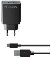 CELLULARLINE hálózati töltő USB aljzat (5V / 2000 mA, 10W, PD gyorstöltés támogatás + Type-C kábel) FEKETE