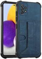 Samsung Galaxy A72 Szilikon telefonvédő (közepesen ütésálló, bőr hatású, bankkártya tartó, asztali tartó funkció + kézpánt) SÖTÉTKÉK