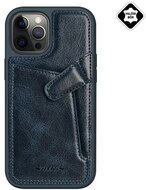 NILLKIN AOGE Apple iPhone 12 Pro Max műanyag telefonvédő (valódi bőr hátlap, mikrofiber plüss belső, bankkártya tartó) SÖTÉTKÉK