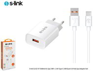 S-Link Telefon töltő - SL-EC13T (1db USB, 5V/2.4A, 18W, Qiuck 3.0 Gyorstöltés, USB Type-C, 100cm adat+töltőkábel, fehér)