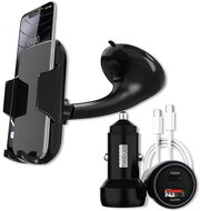 HADRON autós mobiltelefon tartó 4"-7"-os készülékekhez, 60W-os 2xUSB szivargyújtó gyorstöltő és USB-C-USB-C kábel