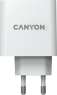 Canyon CND-CHA65W01 GAN 65W charger Input: 100V-240V Output: 5.0V3.0A /9.0V3.0A /12.0V-3.0A/ 15.0V-3.0A /20.0V3.25A , Eu plug, Over- Voltage , over-heated, over-current and short circuit protection Compliant with CE RoHs,ERP. Size: 53*53*29mm, 110g, White
